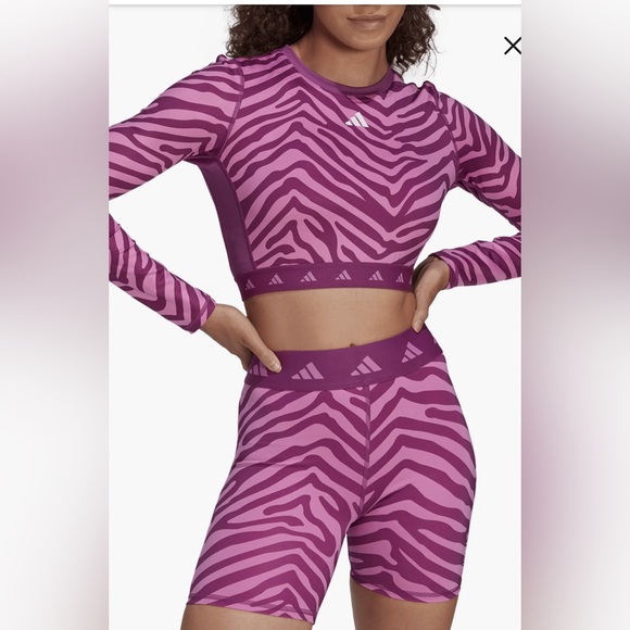 Adidas Hyperglam Zebra TechFit Long Sleeve Crop Top Size L Purple.🛍️ - Picture 2 of 14